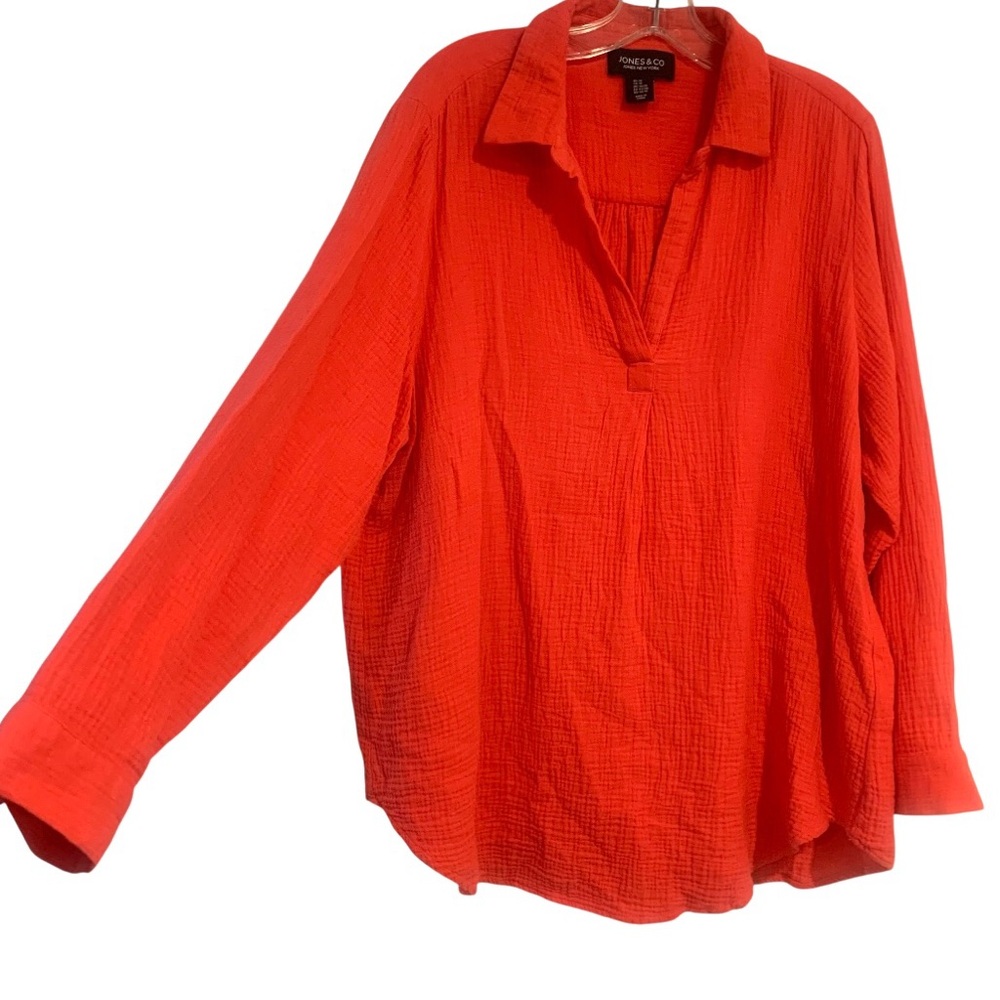 Jones & Co Jones NY Blouse Tunic Top Red Crinkle Gauze Split VNeck Women Size 1X